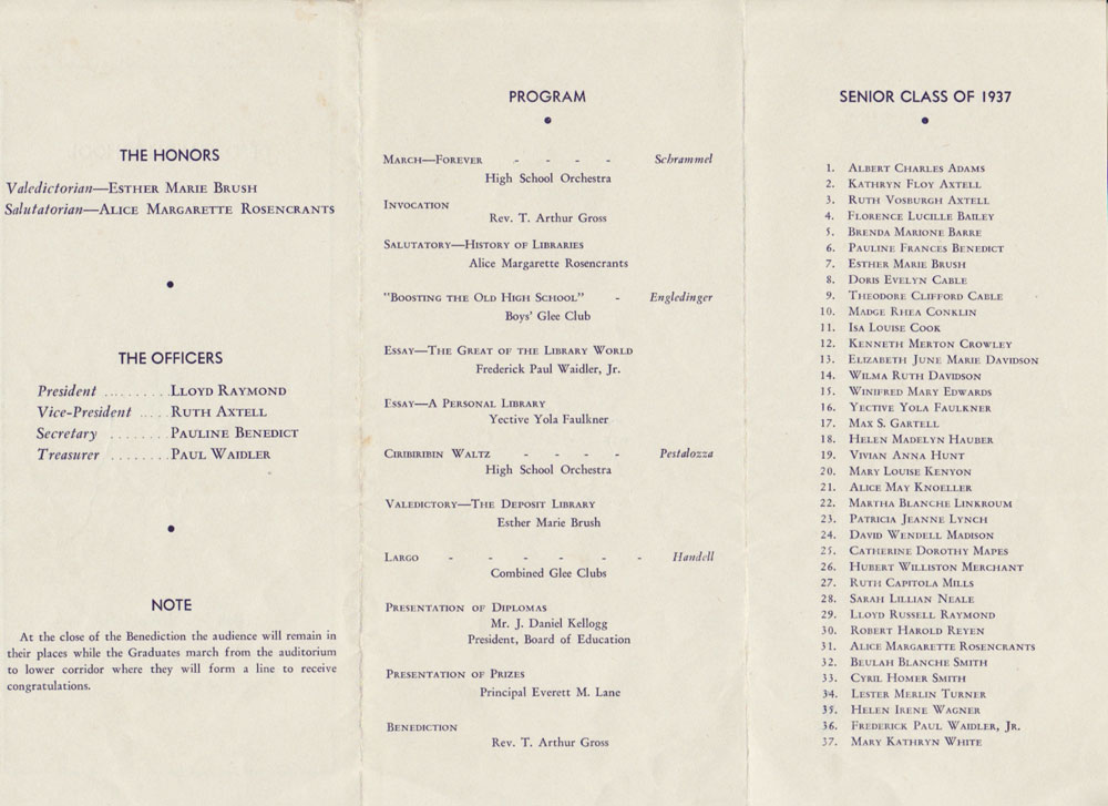1937 Deposit High School Commencement Program