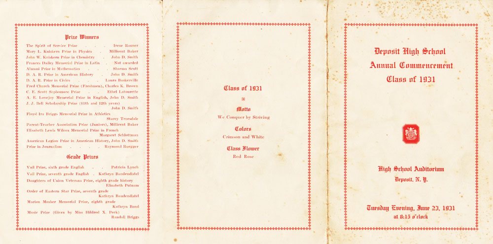 1931 Deposit High School Commencement Program