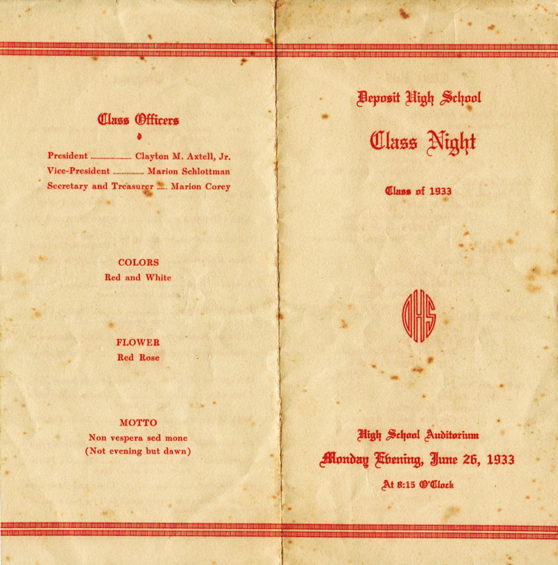 Deposit High School Class Program of 1933