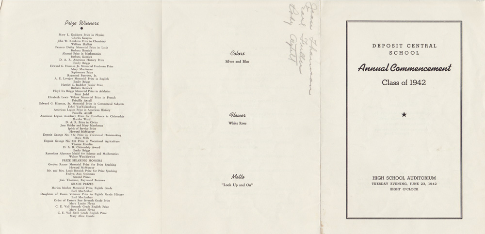 1942 Deposit Central School Commencement Program