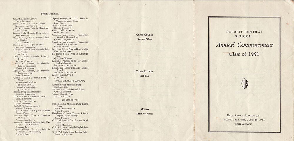 Deposit Central School 1951 Commencement Program
