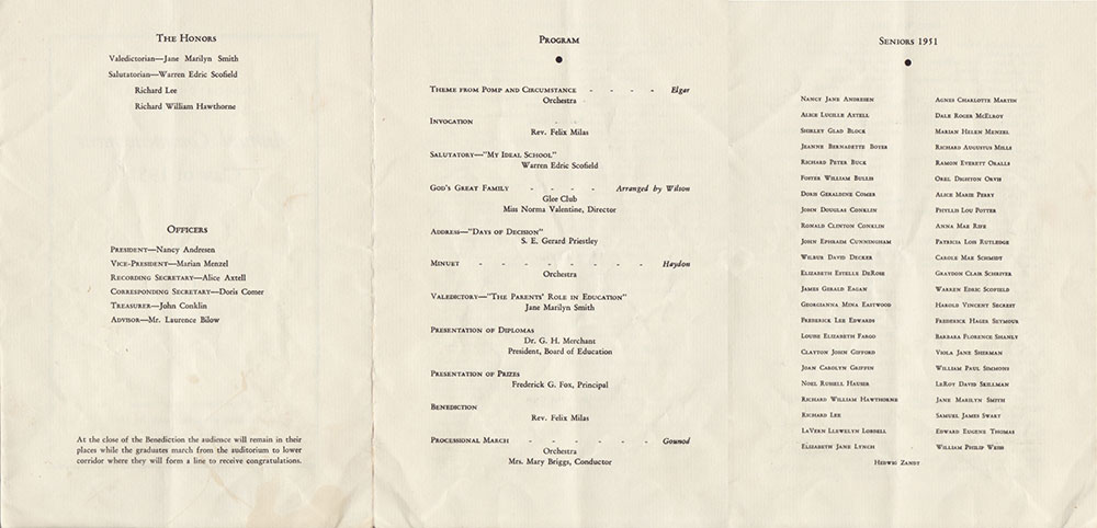 Deposit Central School 1951 Commencement Program