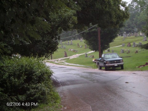 Water rushing down the Cemetery Drive